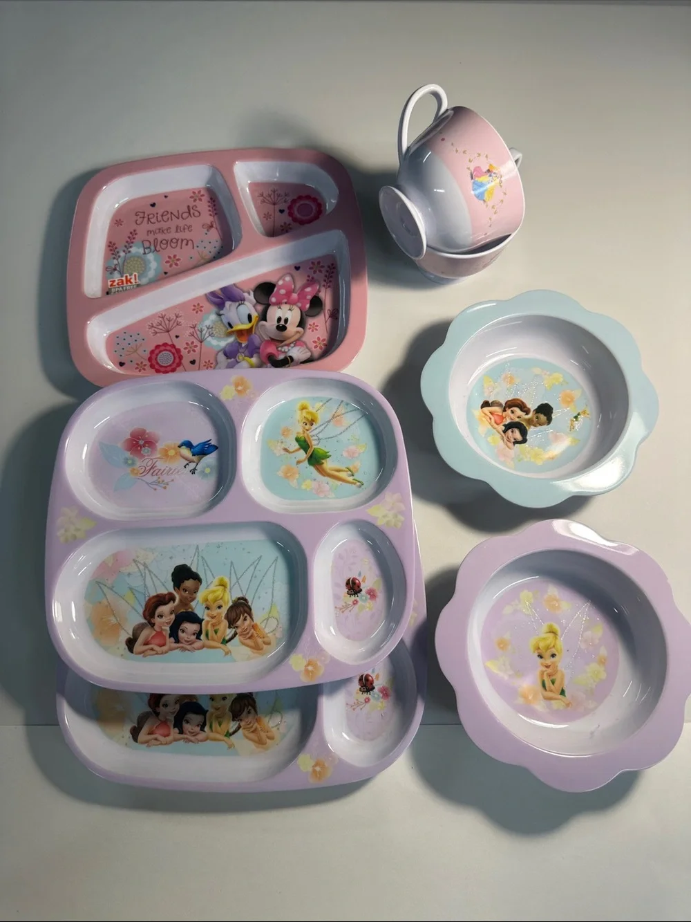 Lot of 7 Assorted Melamine Children's Dishes-  Thinker Bell Mini Disney New!!